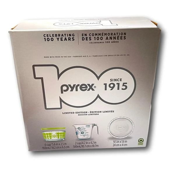 Pyrex Set 100th Anniversary 4 pc Polka Dot Green Bowl Measure Pie Plate 2015 New - Picture 4 of 11